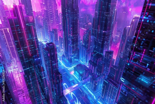 A futuristic holographic cityscape, with abstract buildings and floating structures glowing in neon hues.A futuristic holographic cityscape, with abstract buildings and floating structures glowing in 