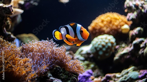 A vibrant clownfish swimming among colorful coral reefs.