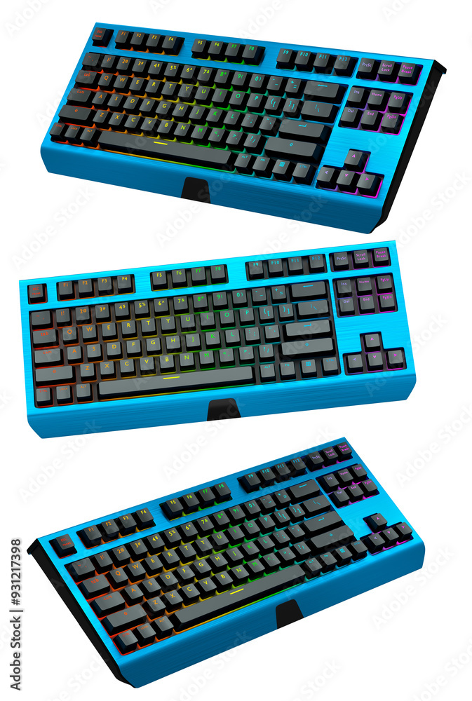 Collection of mechanical keyboards isolated on white background with clipping path. 3D rendering of streaming gear and gamer workspace concept Collection of mechanical keyboards isolated on white background with clipping path. 3D rendering of streaming gear and gamer workspace concept