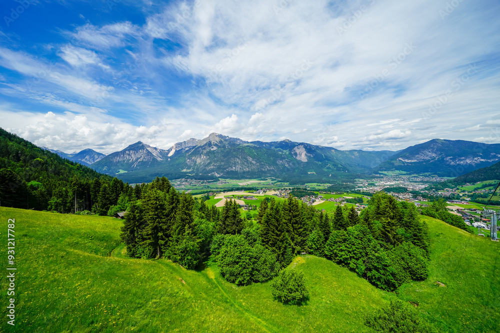 View from the Reiterkogel mountain near Saalbach Hinterglemm. Landscape on the mountain with the surrounding nature. Mountain group of the Kitzbühel Alps.
View from the Reiterkogel mountain near Saalbach Hinterglemm. Landscape on the mountain with the surrounding nature. Mountain group of the Kitzbühel Alps.