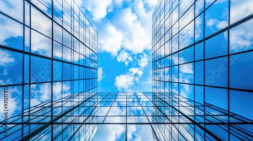 A low angle shot of a modern skyscraper with a blue sky and fluffy white clouds reflected in the windows.