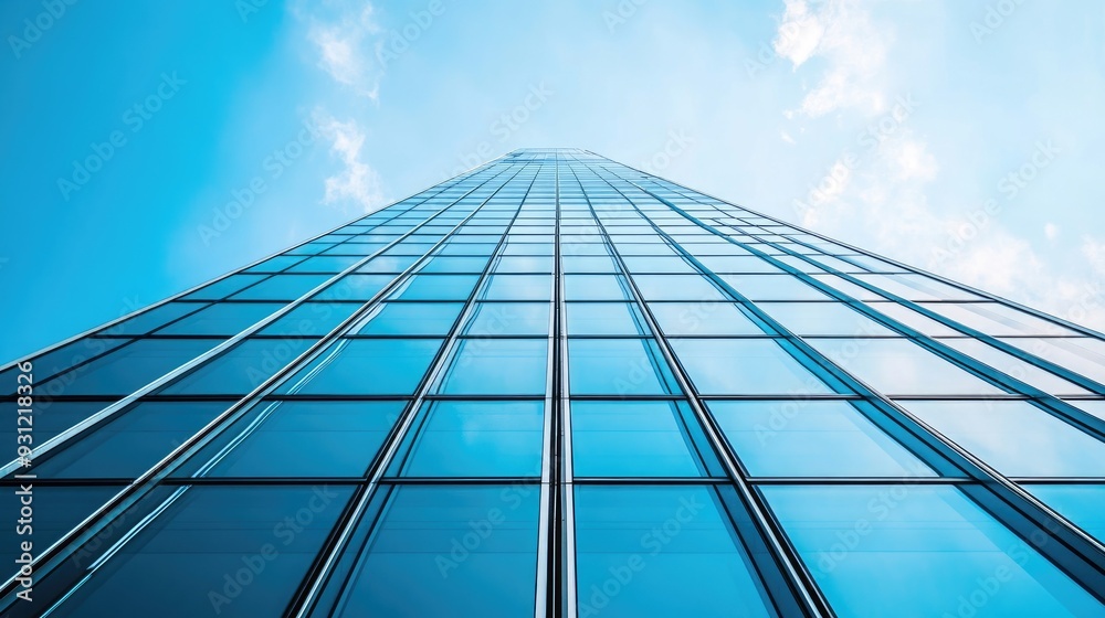 A low angle view of a modern skyscraper with a blue glass facade against a bright blue sky with white clouds. A low angle view of a modern skyscraper with a blue glass facade against a bright blue sky with white clouds.