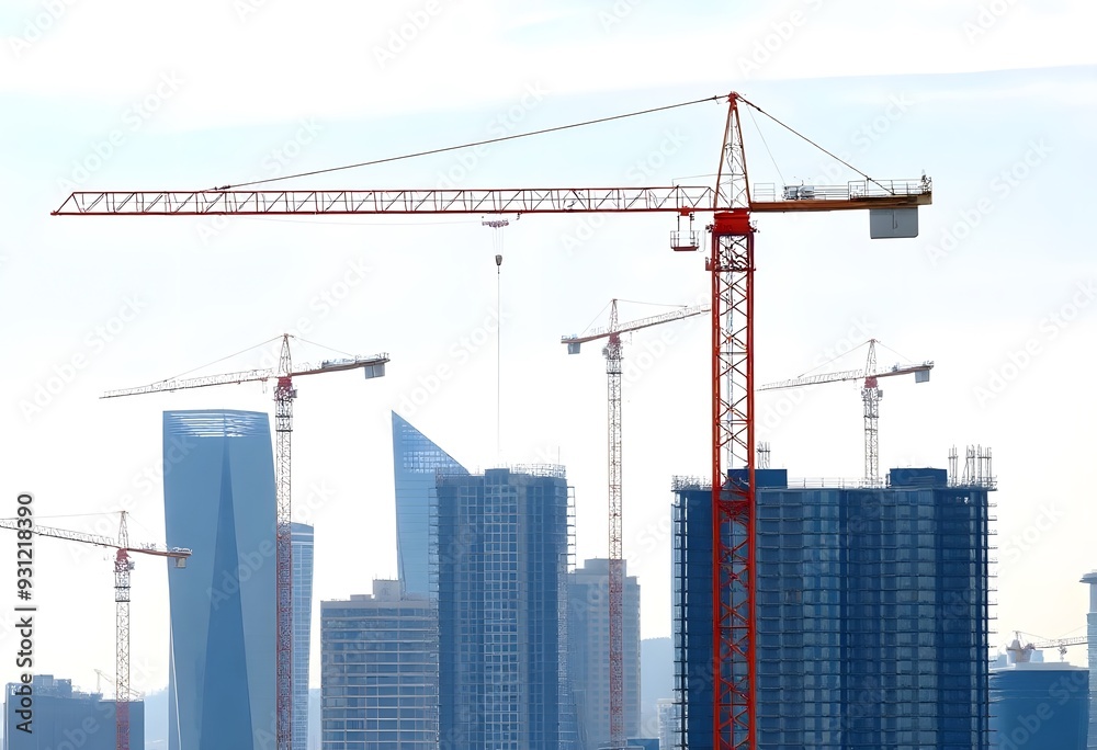 A large construction crane towering over a city skyline with modern high-rise buildings in the background A large construction crane towering over a city skyline with modern high-rise buildings in the background