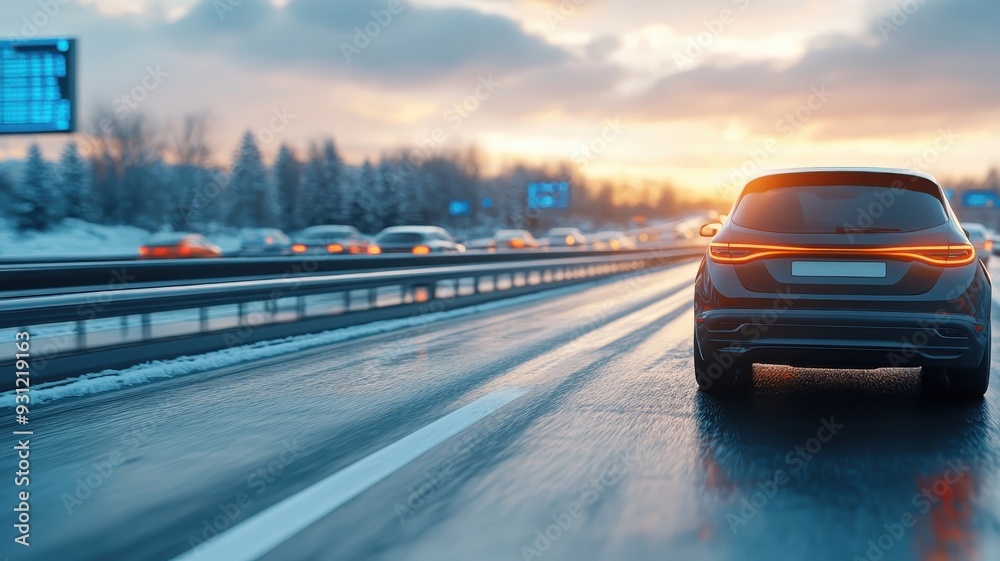 Fototapeta premium A futuristic highway scene with autonomous cars navigating smoothly using traffic information systems.