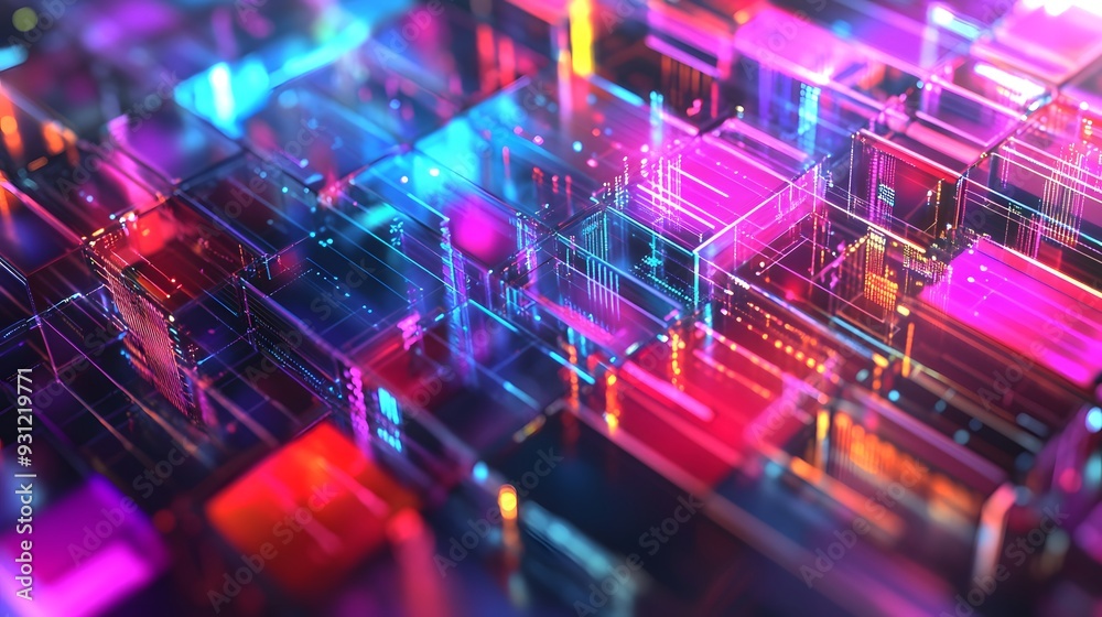 Multi-layered abstract data patterns represented in bright neon colors Multi-layered abstract data patterns represented in bright neon colors