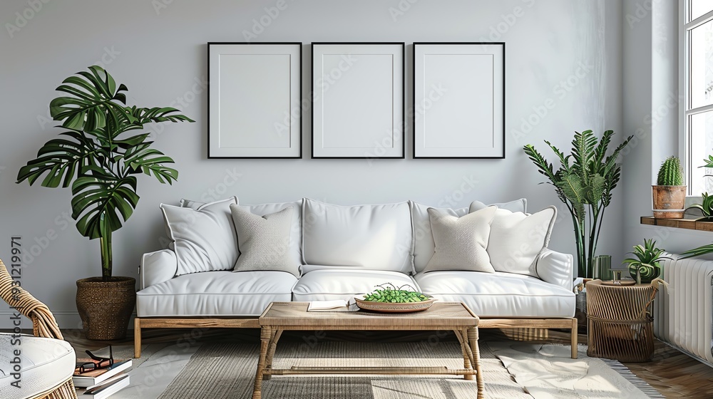 Naklejka premium Mock up frame in home interior background Scandinavian style 3d render