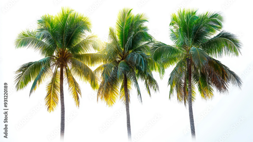 Three Vibrant Coconut Palm Trees Isolated on White Background, Tropical Island Nature, Summer Vacation Concept, Exotic Flora Photography Three Vibrant Coconut Palm Trees Isolated on White Background, Tropical Island Nature, Summer Vacation Concept, Exotic Flora Photography