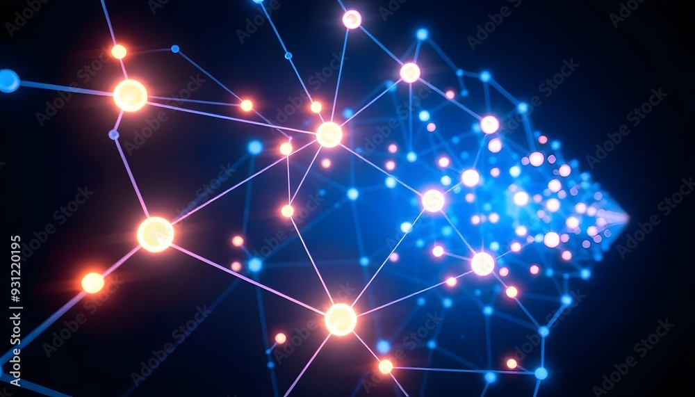 A futuristic network of glowing nodes and interconnected lines against a dark background, creating a sense of technology, connectivity, and data flow A futuristic network of glowing nodes and interconnected lines against a dark background, creating a sense of technology, connectivity, and data flow