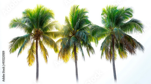 Three Vibrant Coconut Palm Trees Isolated on White Background, Tropical Island Nature, Summer Vacation Concept, Exotic Flora Photography