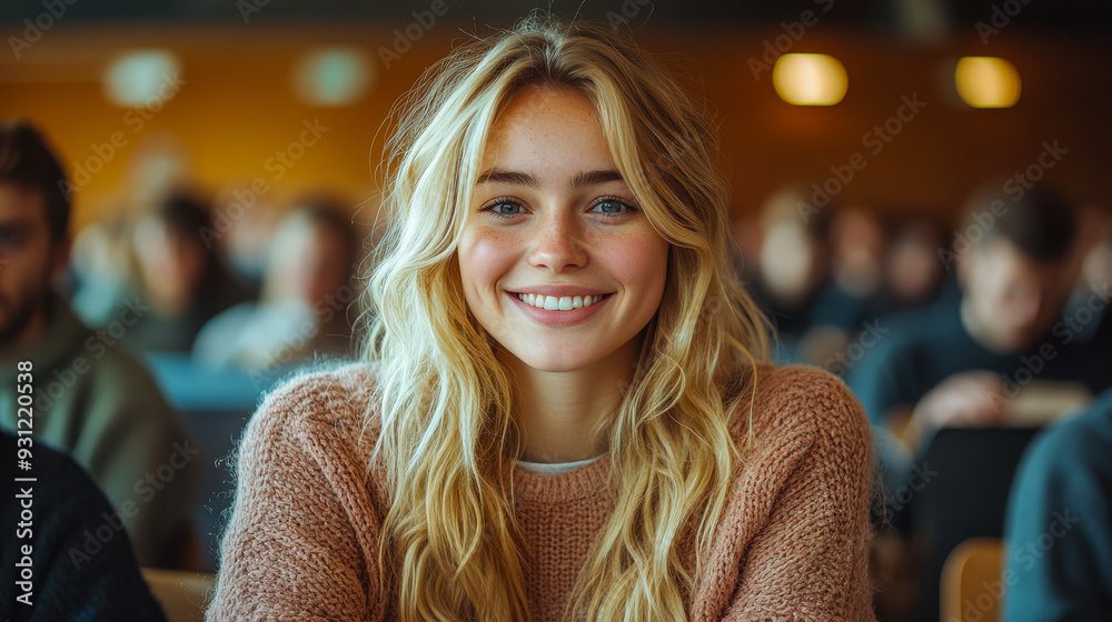 Happy Nordic Female University Student in Lecture Hall, Smiling and Engaged, Representing Positive Academic Environment and Enthusiasm for Learning Happy Nordic Female University Student in Lecture Hall, Smiling and Engaged, Representing Positive Academic Environment and Enthusiasm for Learning