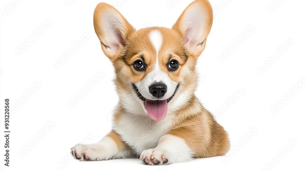 Adorable Welsh Corgi puppy with big ears and tongue sticking out, lying down on white background. Adorable Welsh Corgi puppy with big ears and tongue sticking out, lying down on white background.