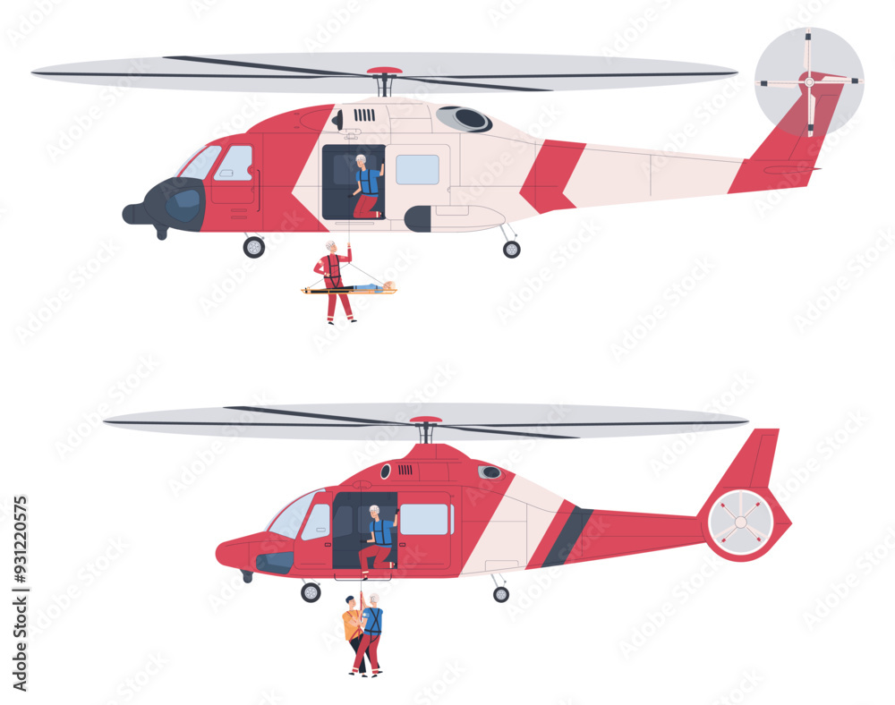 Emergency helicopter. Rapid transportation of patients by helicopter. Extreme rescue of people from the disaster site. Vector illustration