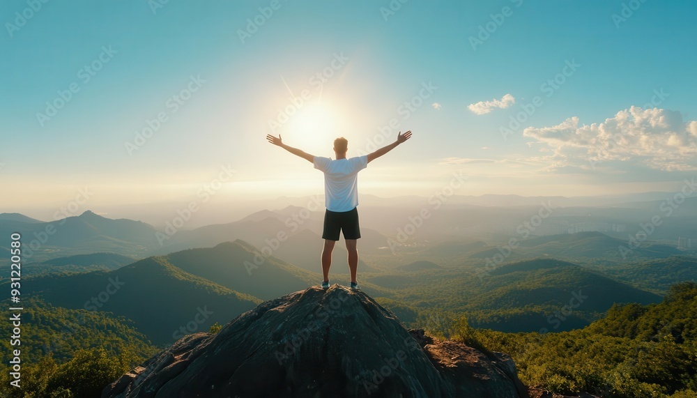 Man standing on a mountain peak with arms raised, surrounded by words of confidence and gratitude, Triumph, Positive thinking Man standing on a mountain peak with arms raised, surrounded by words of confidence and gratitude, Triumph, Positive thinking