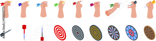 Hand holds dart icons set. Set of icons representing the game of darts, showing different ways of holding and throwing the dart