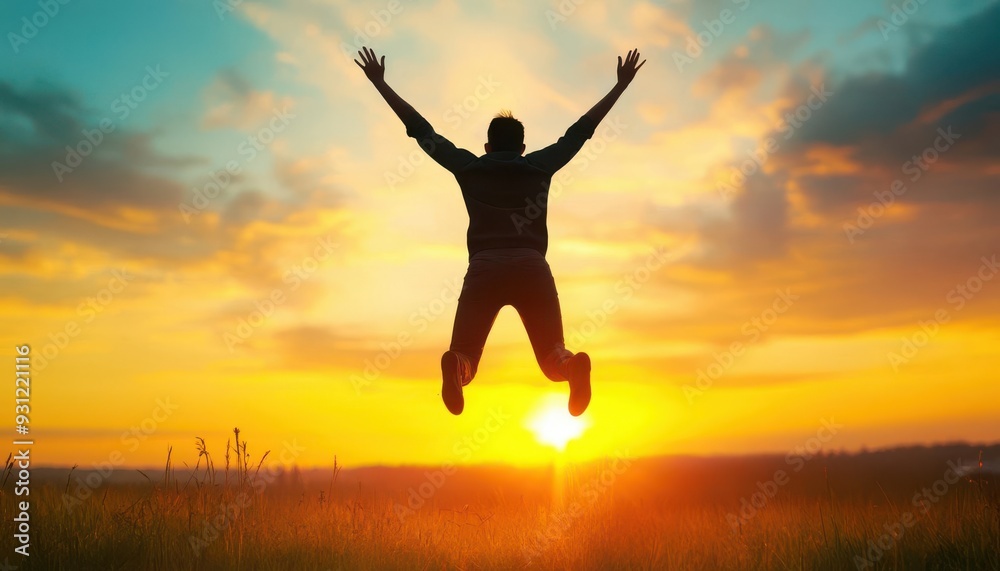 Person jumping with joy in front of a vibrant sunset, Celebration, Joyful moment Person jumping with joy in front of a vibrant sunset, Celebration, Joyful moment