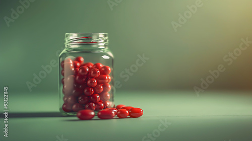 Red pills in glass pill bottle on green background