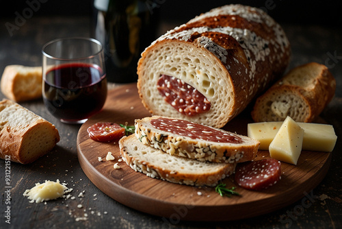 Mix of salami. Mix of italian salami parmesan cheese and tuscany sliced bread and bottle of italian red wine