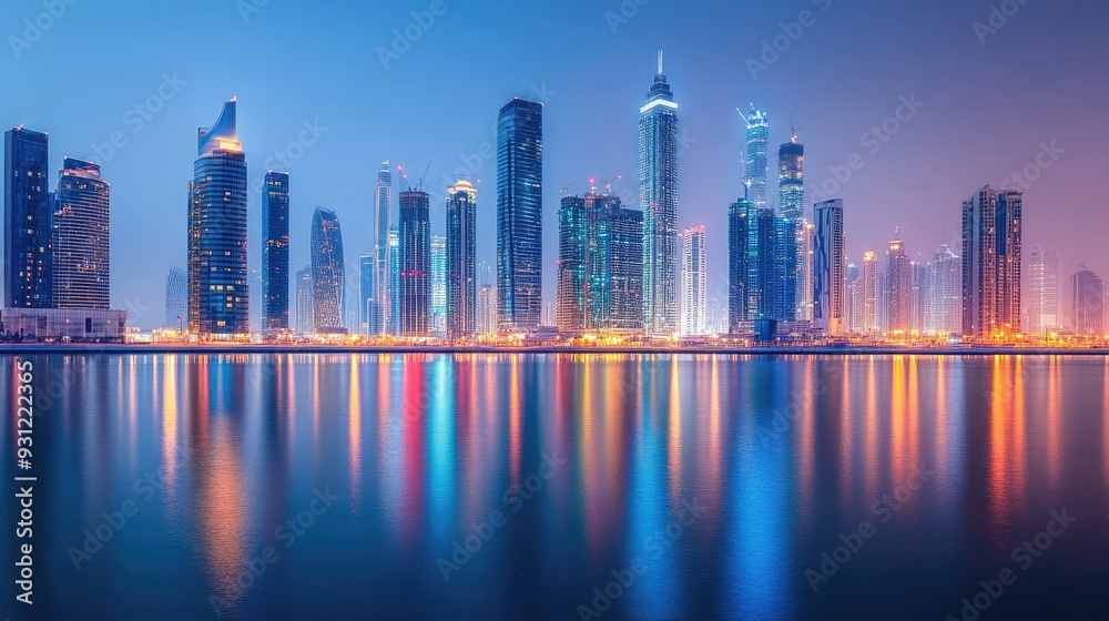 Fototapeta premium A panoramic view of the city skyline with skyscrapers reflecting on the water at night.