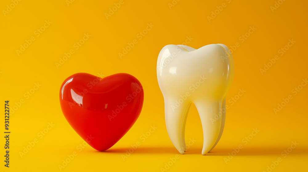 A teeth and a red heart on yellow background, Dental care, Oral health, Dentistry, Hygiene, Tooth care A teeth and a red heart on yellow background, Dental care, Oral health, Dentistry, Hygiene, Tooth care