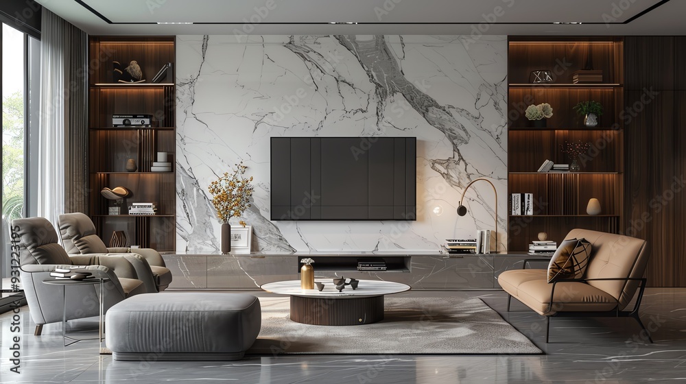 Modern marble TV wall with bookshelf Home interior design 3D Rendering 3D Illustration Modern marble TV wall with bookshelf Home interior design 3D Rendering 3D Illustration