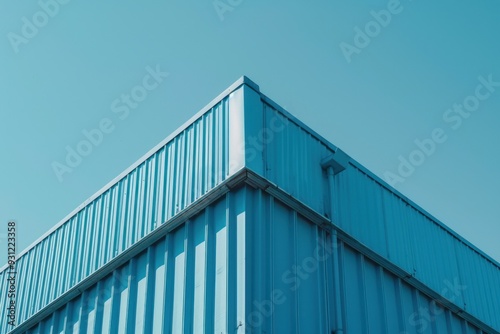 minimalist blue metal building, blue sky