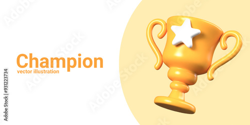 Award for champion. Golden cup closeup. Vector illustration in 3D cartoon style