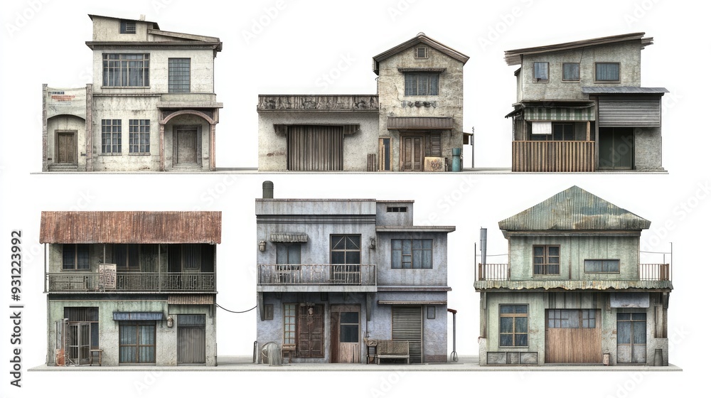 Fototapeta premium A row of five rundown, dilapidated buildings in various states of disrepair, showcasing the textures and details of aging structures.