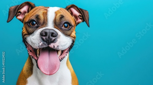 Close-up portrait of a brown and white dog with its tongue sticking out, smiling, on a blue background.