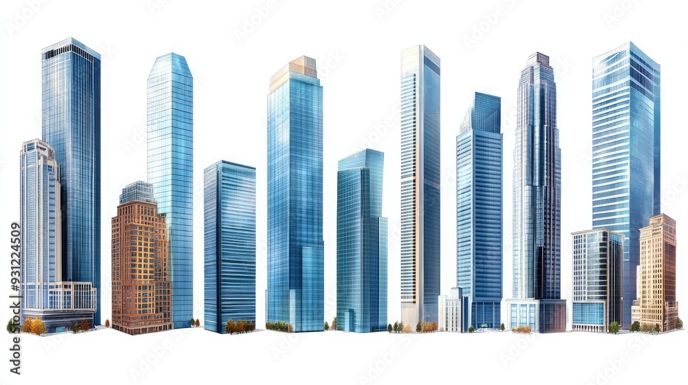 A row of modern high-rise buildings with a white background. A row of modern high-rise buildings with a white background.