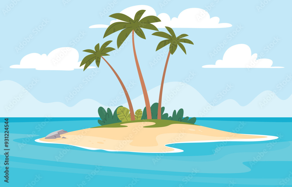 Tropical island in the ocean sea. Exotic natural landscape. Summer vacation. Vector illustration
