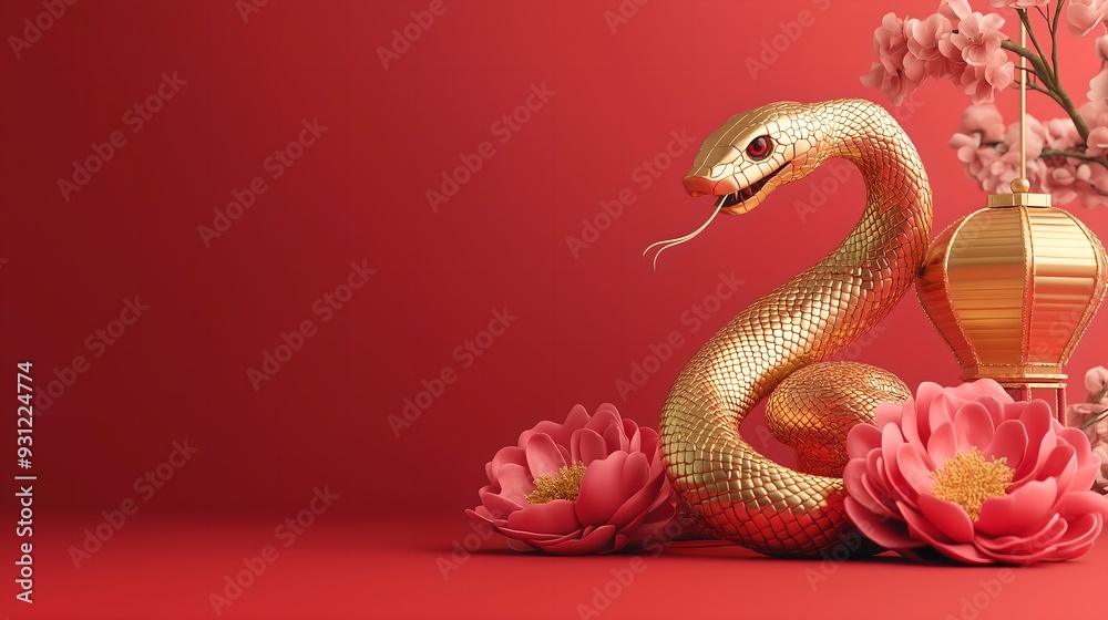 Fototapeta premium Vibrant Red and Gold Chinese Zodiac Snake with Lanterns and Flowers for 2025 New Year Celebration Banner Design