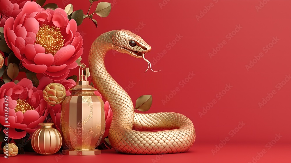 Vibrant Red and Gold Chinese Zodiac Snake with Lanterns and Flowers for 2025 New Year Celebration Banner Design Vibrant Red and Gold Chinese Zodiac Snake with Lanterns and Flowers for 2025 New Year Celebration Banner Design