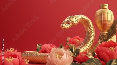 Vibrant Red and Gold Chinese Zodiac Snake with Lanterns and Flowers for 2025 New Year Celebration Banner Design