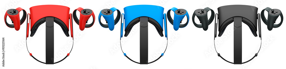 Virtual reality glasses and headset with controllers isolated on white background with clipping path. 3D render of design that enhances immersive gaming experiences for users Virtual reality glasses and headset with controllers isolated on white background with clipping path. 3D render of design that enhances immersive gaming experiences for users