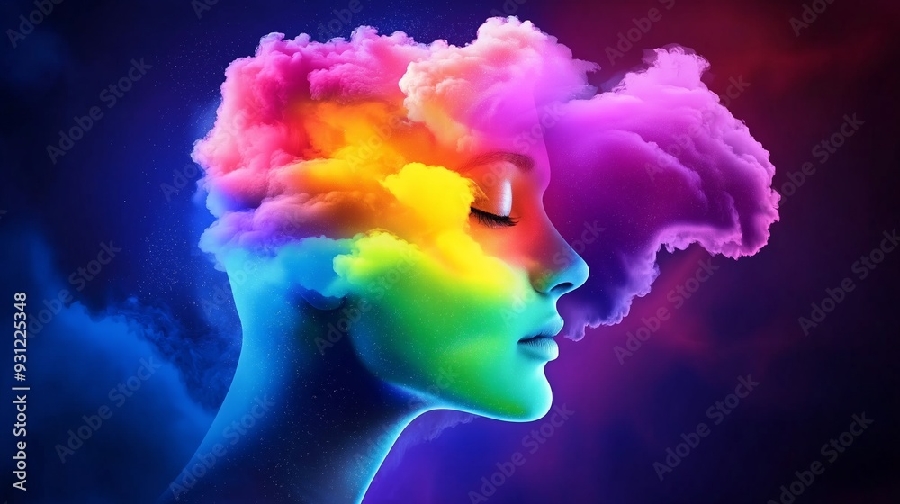 A colorful head with a cloud in the background. The head is surrounded by a rainbow of colors and the cloud is also colorful. Scene is bright and cheerful