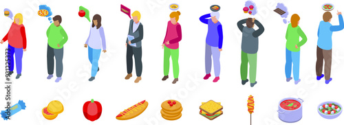 Thinking food icons set. Set of icons representing people thinking about food, with various food icons