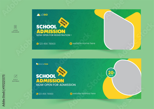 School admission facebook cover design set, back-to-school social media banner, online education banner ads template.	