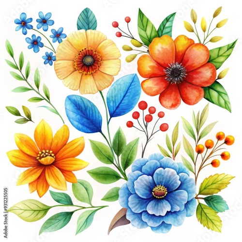 Watercolor hand-painted illustration of natural botanical flowers in a garden photo