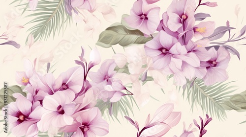 Delicate watercolor tropical pattern featuring pink hibiscus, white orchids, and purple plumeria intertwined with lush green palm leaves, set against a soft beige background