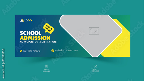 School admission facebook cover design, back-to-school social media banner, online education banner ads template.	

