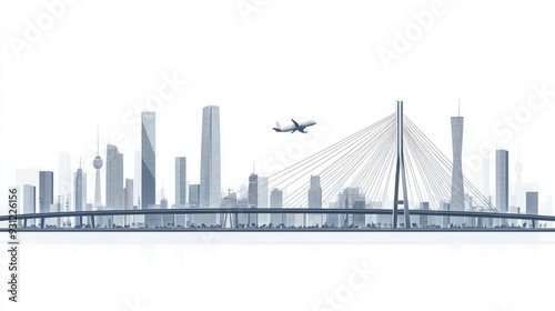 A sketch of a modern cityscape with a suspension bridge and a plane flying overhead.