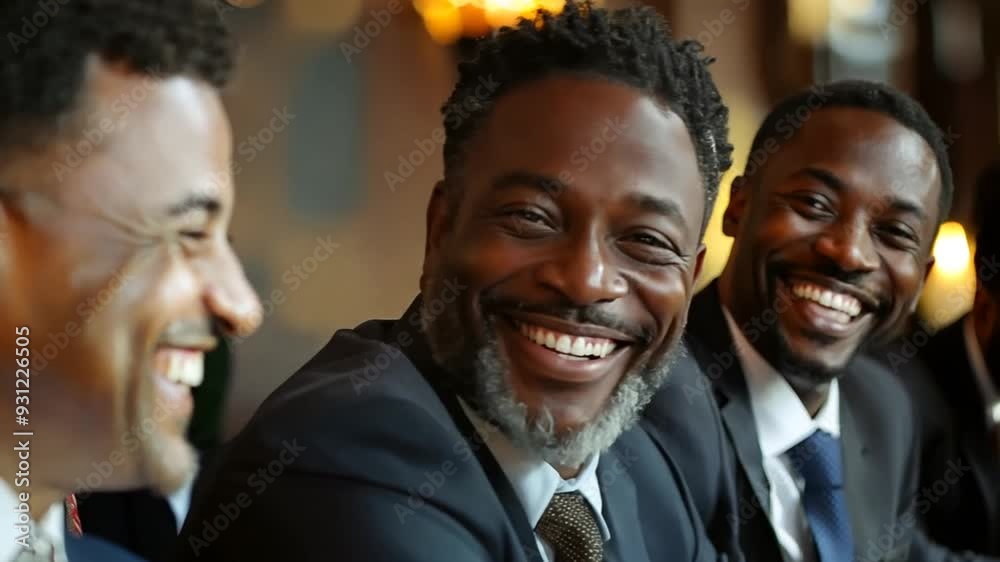 Men celebrating camaraderie at a corporate event in a city restaurant during the evening
