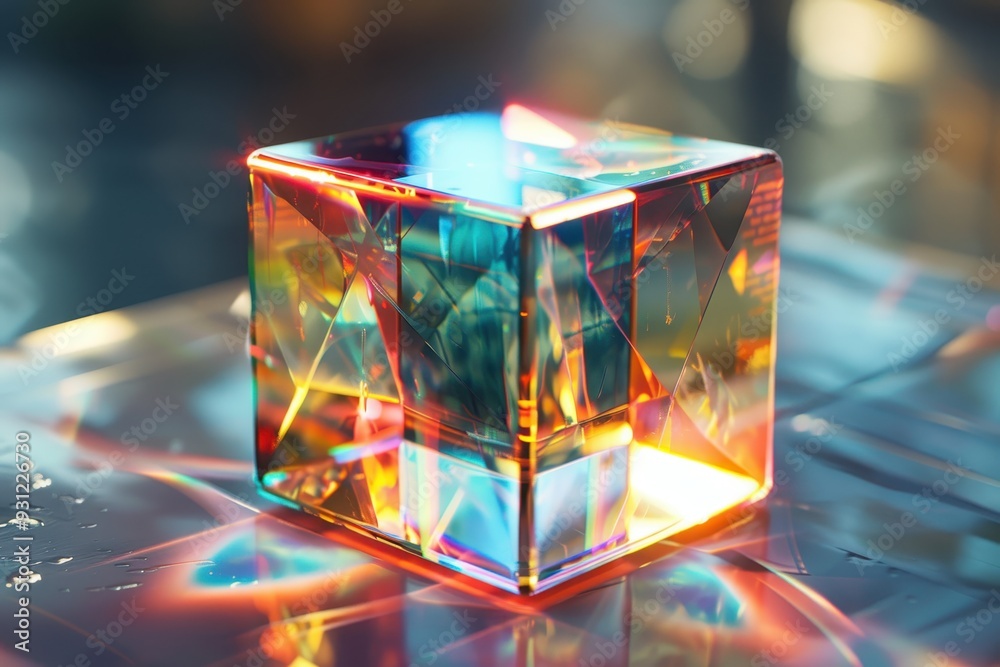 A geometric cube with transparent sides, filled with holographic liquid that shifts colors with the light. A geometric cube with transparent sides, filled with holographic liquid that shifts colors with the light.