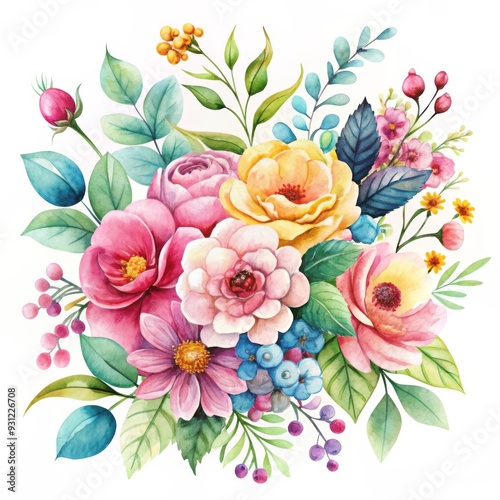 Watercolor hand-painted illustration of natural botanical flowers in a garden photo