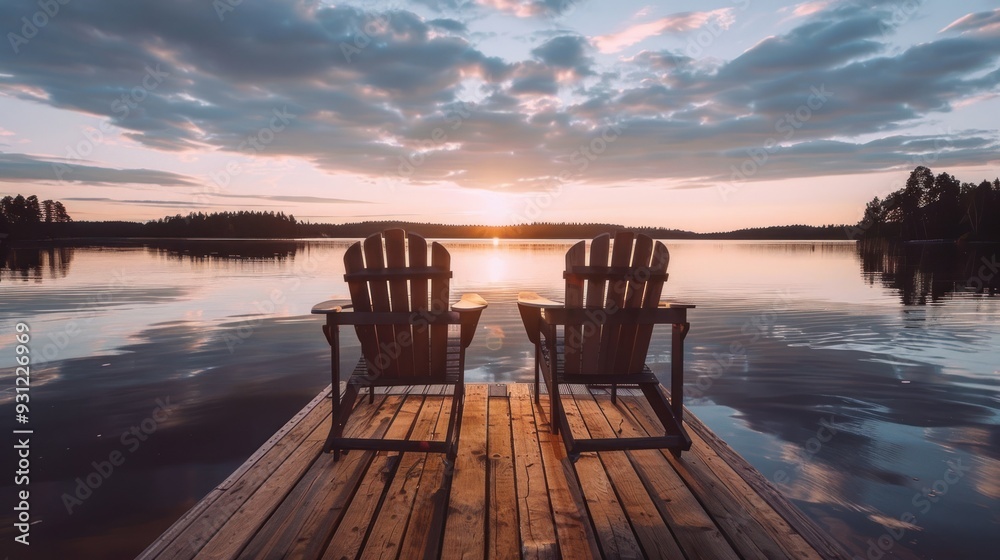Naklejka premium Sunset over a tranquil lake with two chairs on a dock