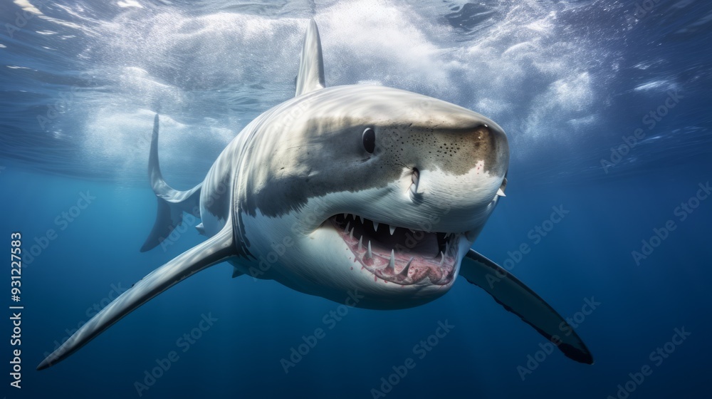 Naklejka premium Ocean shark bottom view from below. Open toothy dangerous mouth with many teeth. Neural network ai generated art