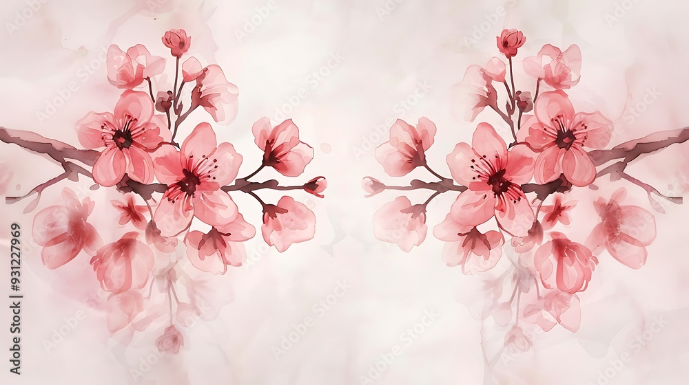 A soft and elegant watercolor design with symmetrical cherry blossoms in pastel pinks, delicately mirrored on either side of a light, airy background. 8k UHD, suitable for high-quality printing A soft and elegant watercolor design with symmetrical cherry blossoms in pastel pinks, delicately mirrored on either side of a light, airy background. 8k UHD, suitable for high-quality printing