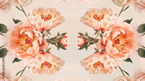 A symmetrical floral design with soft pastel peonies arranged in a mirrored pattern, with subtle brushstrokes creating a gentle flow across a light beige background. 8k UHD, suitable for high-quality 