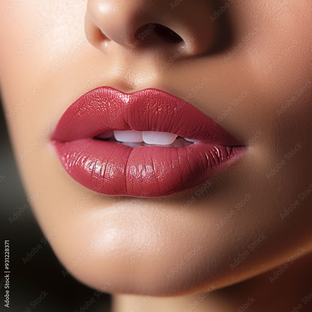 Fototapeta premium Close up of lips with soft rendezvous deep plum brown lipstick, showcasing smooth texture, bold elegance, and beauty, perfect for makeup and cosmetic designs