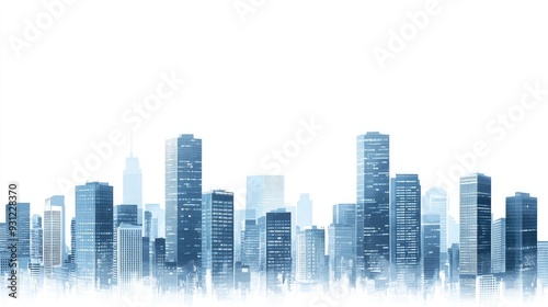 Abstract blue toned cityscape with multiple skyscrapers and white background.